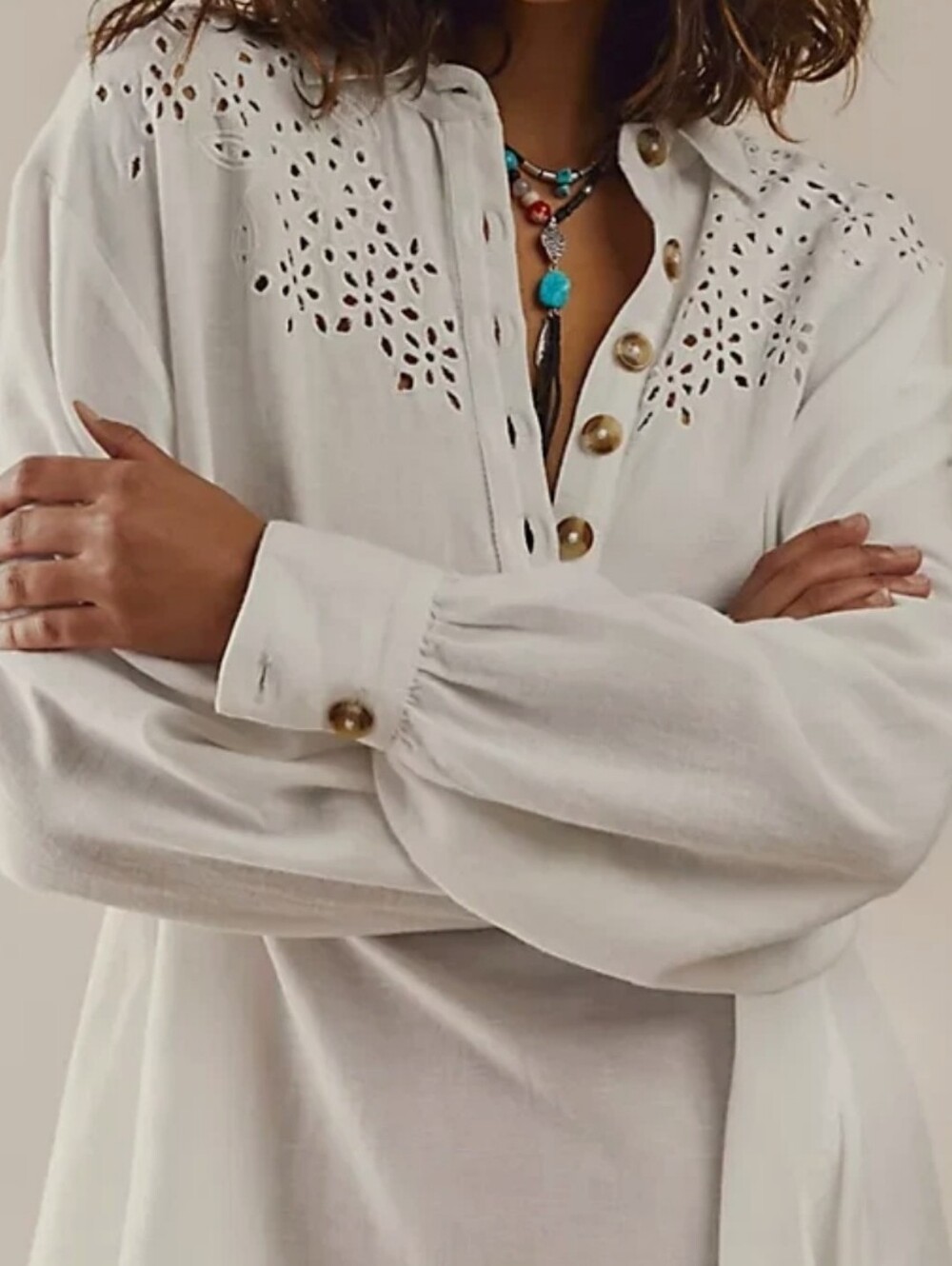 Women's White Eyelet Button-Front Tunic Top